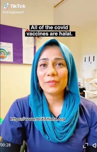 Uma mulher sul-asiática usando hijab olha para a câmera em um escritório. Acima dela, a legenda diz “Todas as vacinas contra a COVID são halal.”