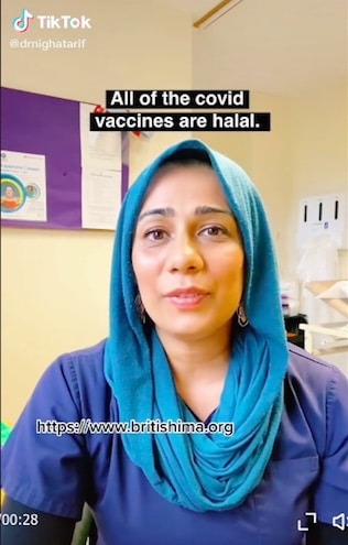 A South Asian woman wearing a hijab looks at the camera in an office setting. Above her a caption reads “All of the COVID vaccines are halal.”