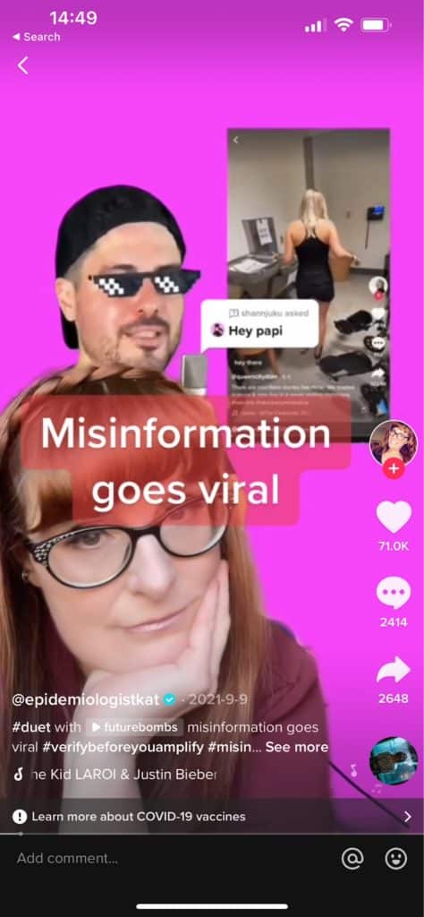 A woman with red hair wearing glasses rests her hand on her chin. Above her is the caption “misinformation goes viral”